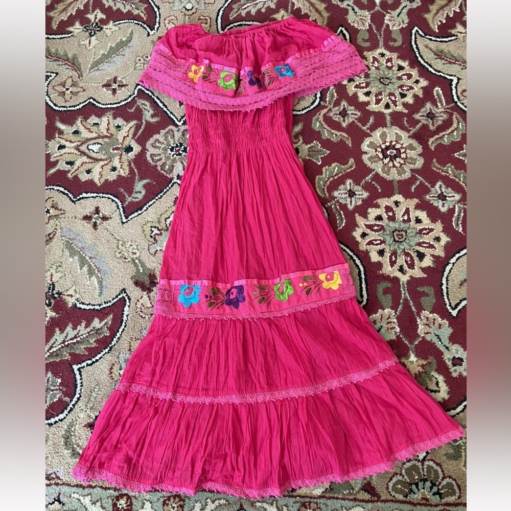 L Traditional Mexican Multi Floral Embroidery Dress in pink